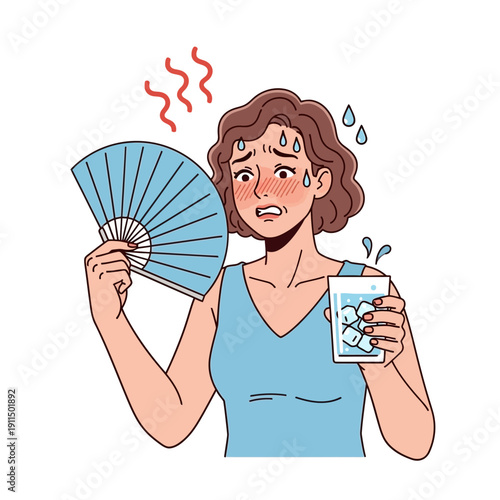 Woman experiencing overheating fanning herself and drinking cool water
