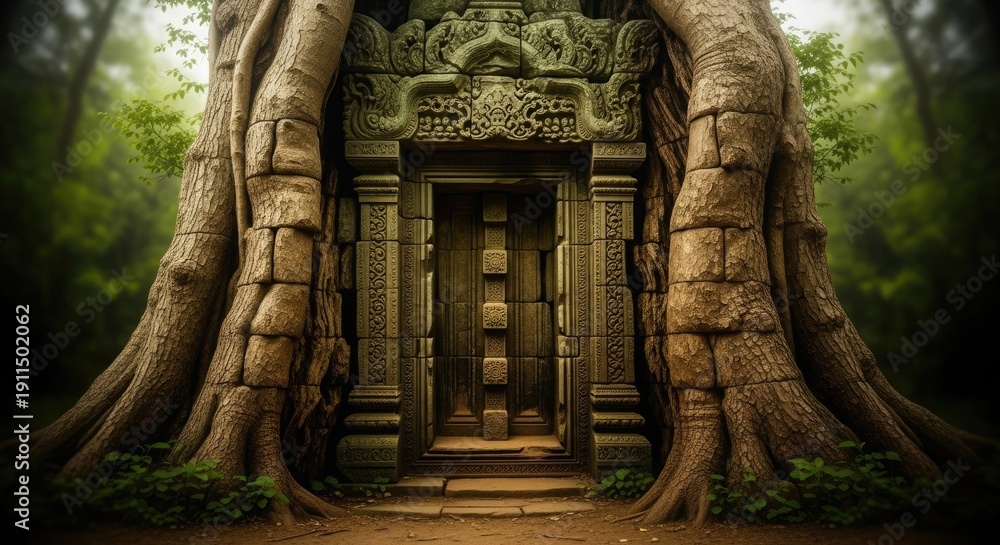 Naklejka premium Ancient temple entrance overgrown with tree roots in jungle
