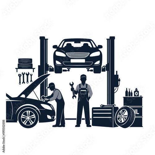 Automotive repair scene depicting mechanics working on a car with a lift
