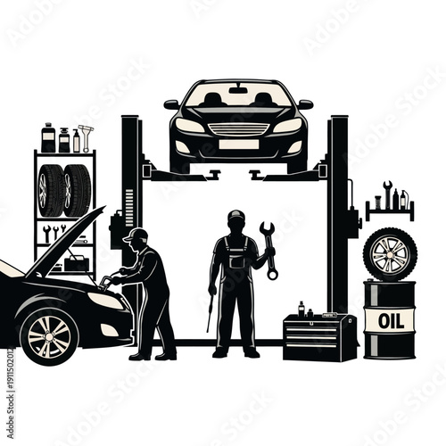 Automotive repair shop illustration featuring mechanics and car maintenance equipment