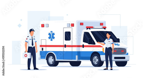 Modern Flat Illustration of Ambulance Car with Paramedic Team in City