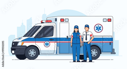 Flat Style Detailed Ambulance Emergency Vehicle with Paramedic Staff Illustration
