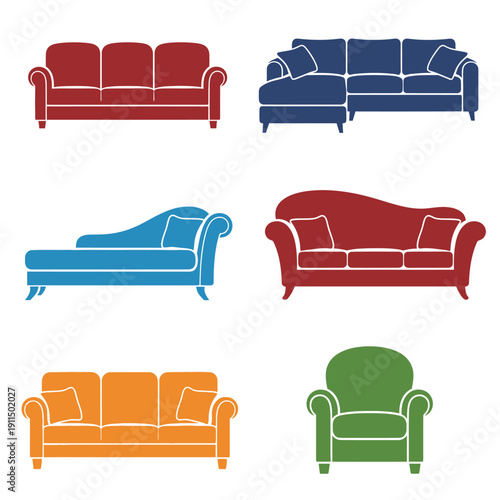 Colorful sofa and chair set illustration with various styles and shapes