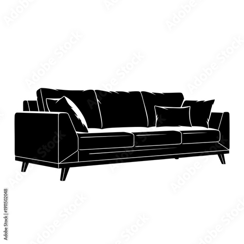 Minimalist silhouette of a modern sofa with cushions and wooden legs