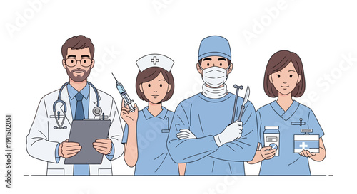 Line Art Professional Medical Team Staff Doctor Nurse Illustration Concept
