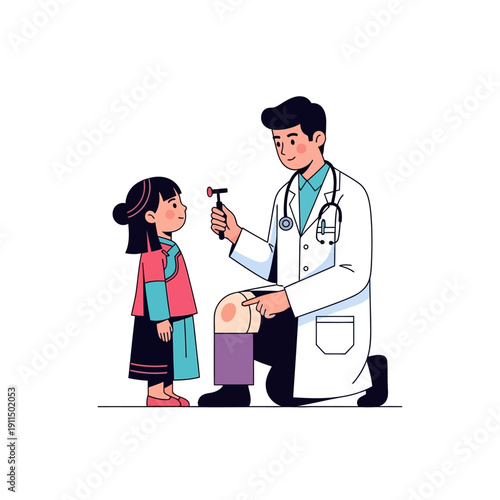 A doctor examines a young girl s knee with a reflex hammer