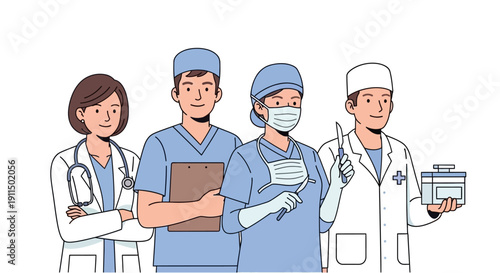 Minimalist Outline Medical Professional Group of Doctors and Nurse Illustration Design