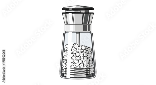 A crisp graphic illustration depicting a contemporary glass spice grinder filled with aromatic peppercorns, designed for fresh seasoning in gourmet