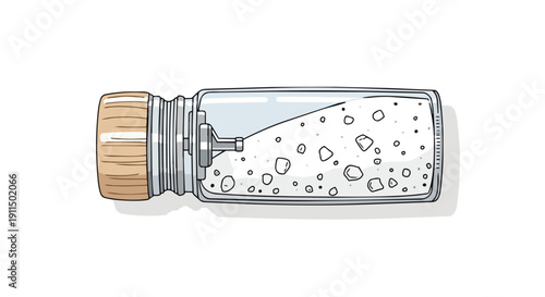 A detailed illustration of a clear glass salt grinder filled with chunky white crystals ready for culinary use.