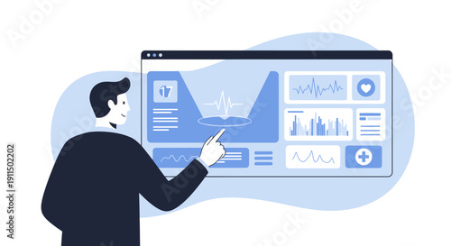 Flat Style Detailed Man Interaction with Health Dashboard on Display Screen