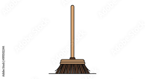 A fundamental domestic cleaning implement, depicted as a stylish, simple brown broom with a long handle and coarse bristles, poised for routine