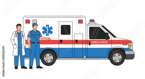 Clean Line Style Two Medical Staff with Ambulance Isolated Illustration