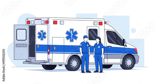Flat Lineart Ambulance with Paramedics Emergency Medical Transportation Vehicle Illustration