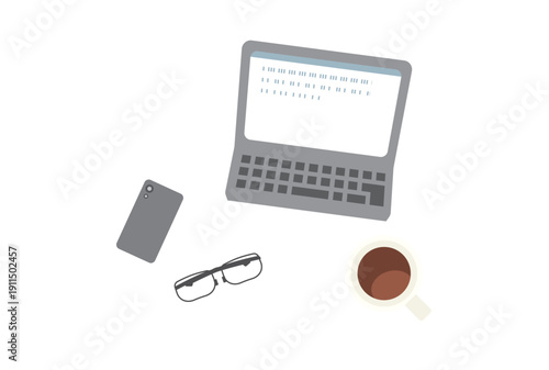 PCとスマホとメガネとコーヒーのセットイラスト