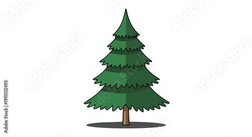 A vibrant stylized evergreen tree illustration with lush green layered branches and a sturdy brown trunk, casting a subtle shadow, perfect for