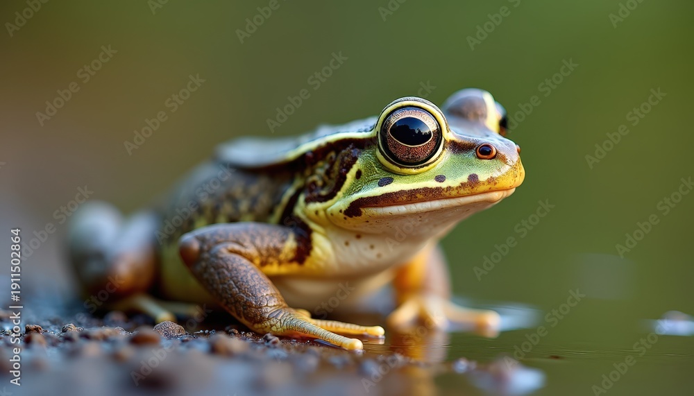 Fototapeta premium Detailed Close-up Macro Portrait of a Vibrant Green and Brown Frog with Large Exquisite Eyes Sitting on a Wet Ground