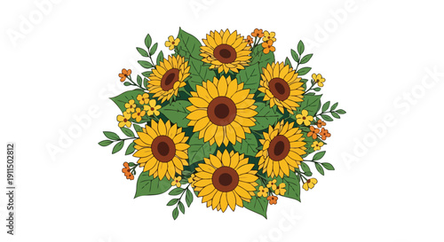 Joyful bouquet of bright yellow sunflowers with lush green leaves and charming small accent flowers, creating a vibrant, sunny botanical illustration.
