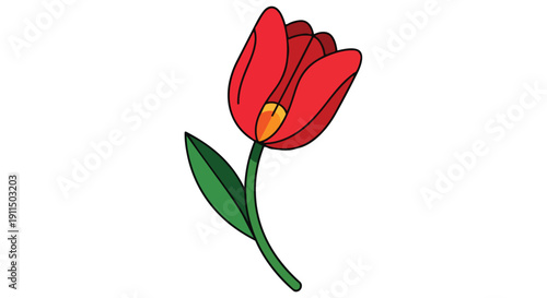 A vibrant digital illustration of a solitary red tulip with a fresh green stem and single leaf, set against an uncluttered white background, ideal