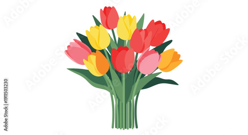 Vibrant assorted tulip bouquet illustration on a pristine white background, beautifully capturing the essence of springtime joy, renewal, and floral