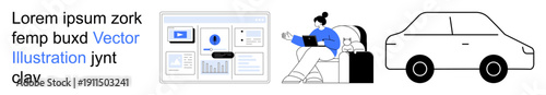 Business tools, remote work, transportation, technology concepts, travel, productivity. A digital dashboard interface, a person working remotely with a laptop a minimalistic car outline. Business