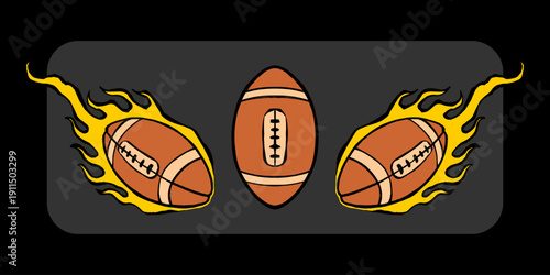 Set of 3 American Football Balls with Flame Elements. Dynamic Black and Gold Illustrations for Sport Energy Concept.