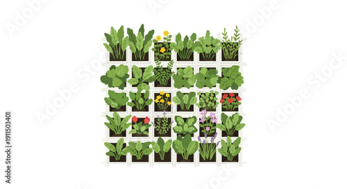Charming vertical garden with assorted vibrant plants and flowers in a decorative modern wall grid design