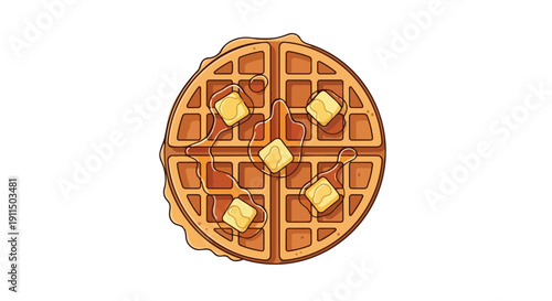 A delightful golden brown waffle illustration adorned with five melting butter squares and sweet syrup drizzle, truly capturing the essence of a