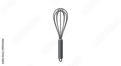 Precisely rendered minimalist line art illustration of a sleek stainless steel kitchen whisk, an essential culinary tool for mixing, stirring, and