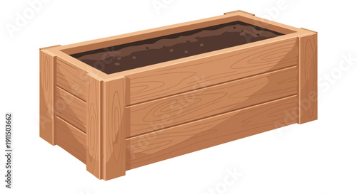 Illustrative wooden planter box filled with rich, fertile soil, perfectly prepared for starting seeds, growing herbs, or cultivating vibrant flowers