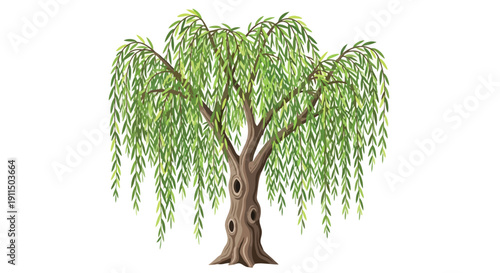 Vibrant green weeping willow tree illustration showcasing its graceful, elongated branches and textured trunk, a serene botanical digital artwork