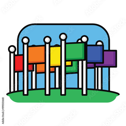 A colorful cartoon xylophone with rainbow bars