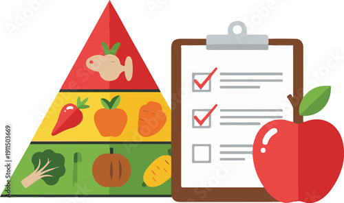 Vector art of food pyramid with clipboard and apple