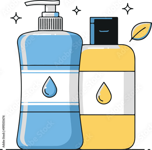 Vector art of cartoon illustration of blue and yellow soap bottles with droplet symbols on labels
