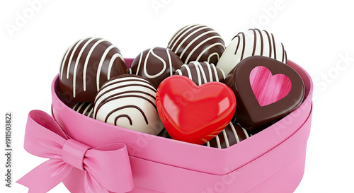 Heart-shaped box of assorted chocolates with a red heart