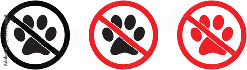 No pets allowed icon set featuring a paw print inside a prohibition circle.