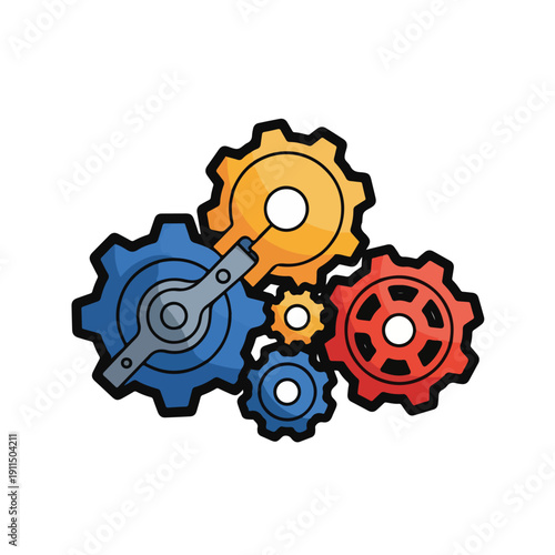 A colorful gear system with interlocking cogs