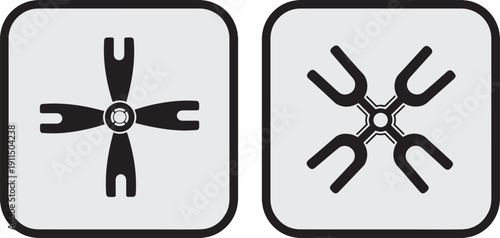 Industrial ventilation fan icons set with black propeller blades and circular hubs on white square background for cooling systems design