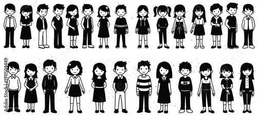 Black and white cartoon school children lineup featuring cute boys and girls in uniforms, vector illustration character set isolated on white background.