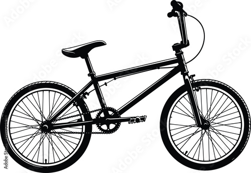 Black BMX bicycle silhouette isolated on white background, detailed side view of urban freestyle bike with spokes, frame, pedals and handlebar for transport concept design.