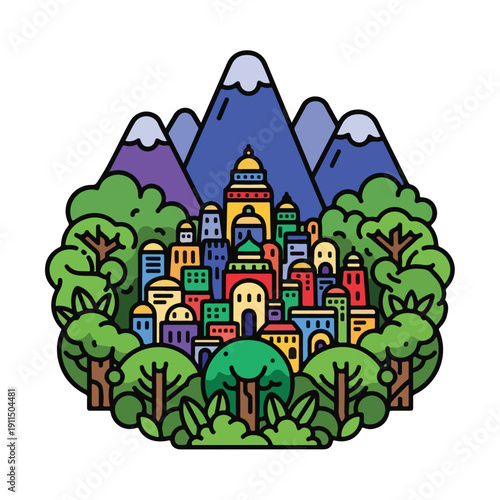 A colorful cityscape nestled between mountains and trees