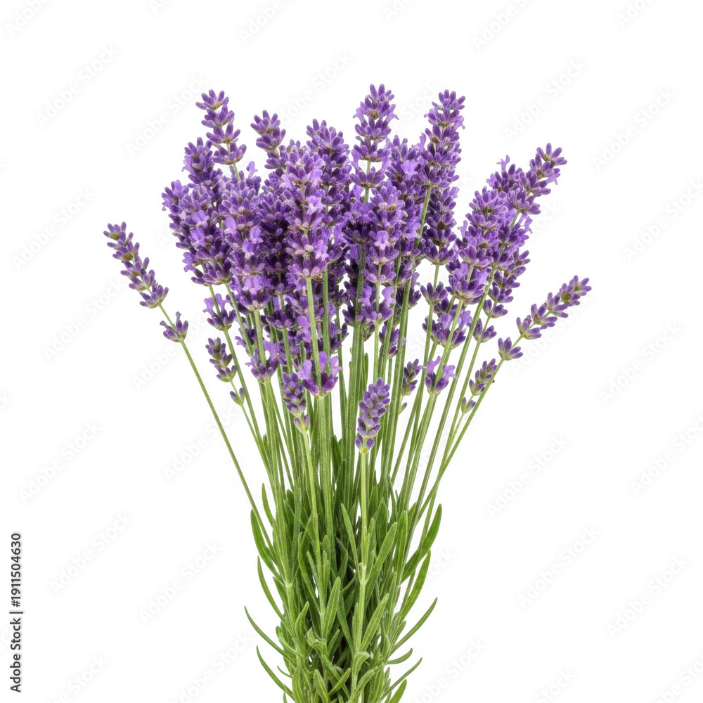 Obraz premium A vibrant bouquet of purple lavender flowers with green stems and leaves. isolated on transparent background