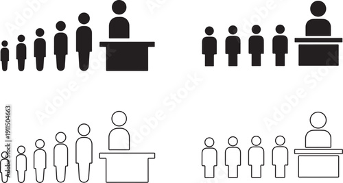 People in line for presentation or queue management with speaker and audience silhouette figures in solid and outline style