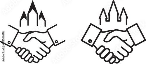 Real estate handshake for property deal and home buying agreement with hands holding building icons for investment