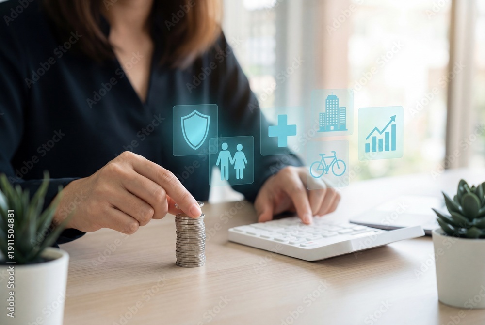 Fototapeta premium Businesswoman stacking coins and using calculator with holographic financial protection icons