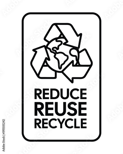 Professional Monochrome "Reduce Reuse Recycle" Vertical Poster – Minimalist Eco-Signage with High-Contrast Earth and Chasing Arrows