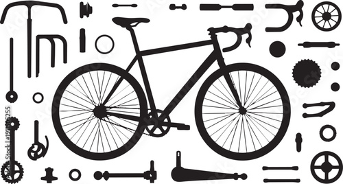 Bicycle parts and tools on white background, bike components, cycling equipment, bicycle silhouette, bike repair, cycling accessories, bike parts
