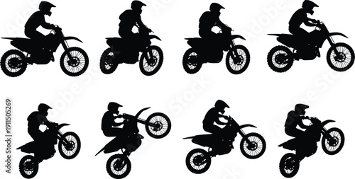 Collection of motocross rider silhouettes performing jumps and wheelies, extreme dirt bike action set isolated on white background for sports design and adventure branding