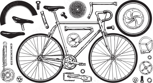 Bicycle parts diagram with wheel gears and tools, bicycle assembly components