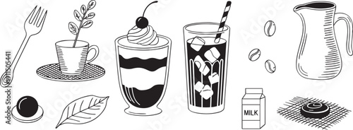 Black and white illustration of coffee cup milk chocolate cake ice cream soda dessert drinkware