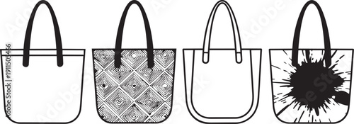 Four different designed tote bags with various patterns and textures on white background